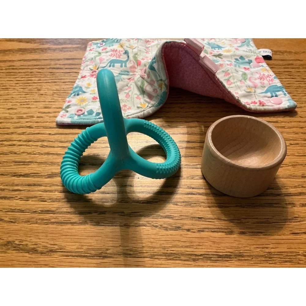 Lovevery Baby Toy Bundle Silicone Teether Wooden Cup Bloom Tiny Dinosaur Wrap